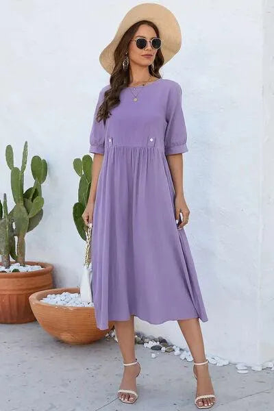 Lavender Ruched Dress: Stylish Round Neck Half Sleeve Jewelry Bubble