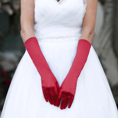 Long Burgundy-red Satin Finish Formal Bridal Gloves Jewelry Bubble