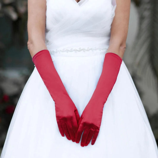 Long Burgundy-red Satin Finish Formal Bridal Gloves Pinktown