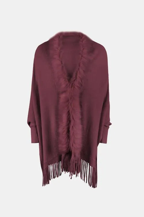 Long Sleeve Poncho with Fringe and Open Front Design Jewelry Bubble