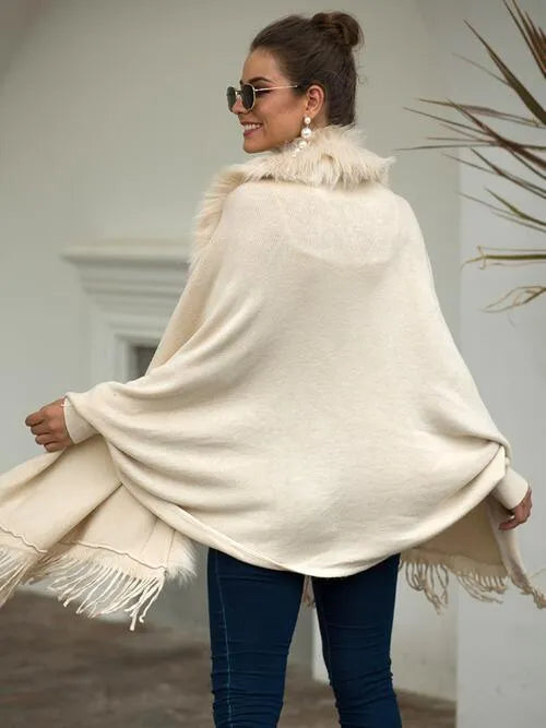 Long Sleeve Poncho with Fringe and Open Front Design Jewelry Bubble