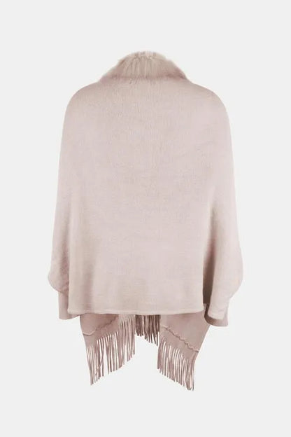 Long Sleeve Poncho with Fringe and Open Front Design Jewelry Bubble