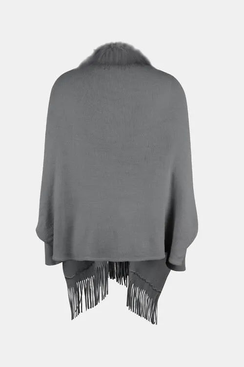 Long Sleeve Poncho with Fringe and Open Front Design Jewelry Bubble