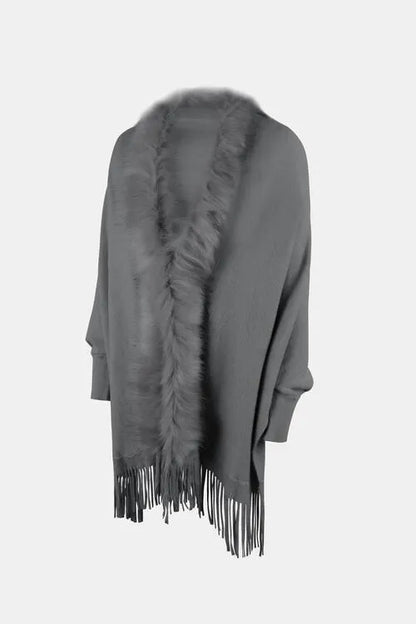 Long Sleeve Poncho with Fringe and Open Front Design Jewelry Bubble