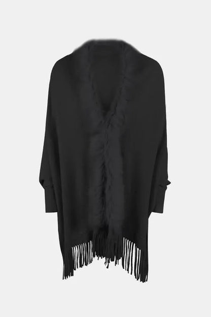 Long Sleeve Poncho with Fringe and Open Front Design Jewelry Bubble