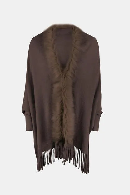 Long Sleeve Poncho with Fringe and Open Front Design Jewelry Bubble