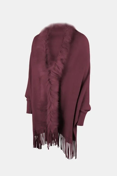 Long Sleeve Poncho with Fringe and Open Front Design Jewelry Bubble