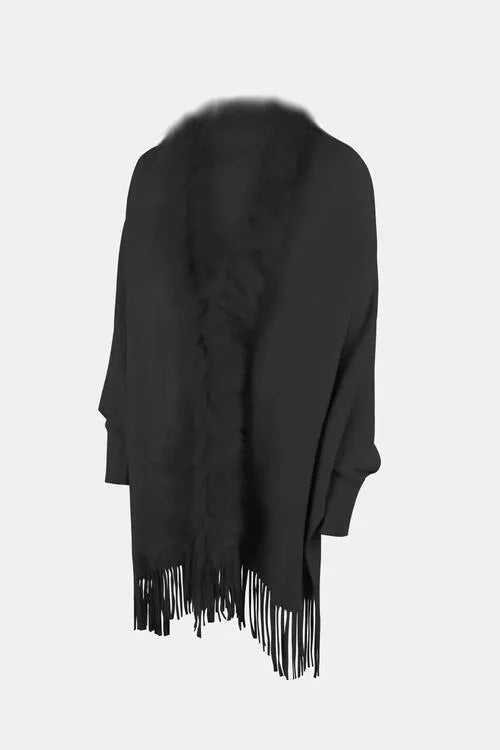 Long Sleeve Poncho with Fringe and Open Front Design Jewelry Bubble