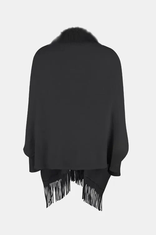 Long Sleeve Poncho with Fringe and Open Front Design Jewelry Bubble