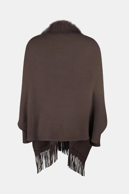 Long Sleeve Poncho with Fringe and Open Front Design Jewelry Bubble