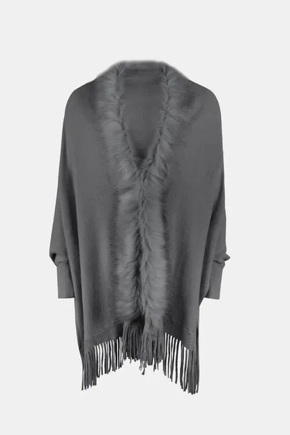 Long Sleeve Poncho with Fringe and Open Front Design Jewelry Bubble