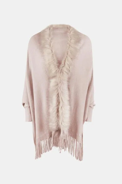 Long Sleeve Poncho with Fringe and Open Front Design Jewelry Bubble