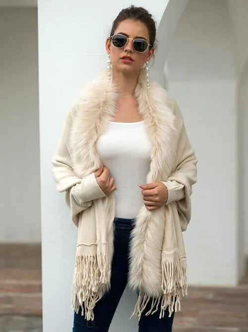 Long Sleeve Poncho with Fringe and Open Front Design Jewelry Bubble