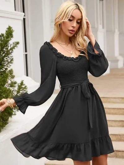 Look Fab in a Tie Front Ruffle Hem Smocked Mini Dress Jewelry Bubble