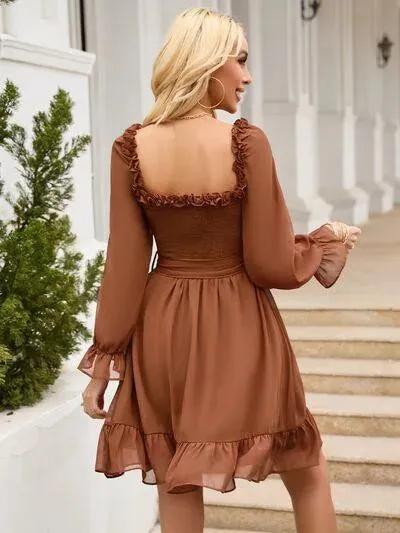 Look Fab in a Tie Front Ruffle Hem Smocked Mini Dress