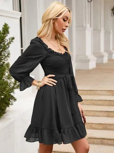 Look Fab in a Tie Front Ruffle Hem Smocked Mini Dress Jewelry Bubble