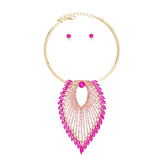 Make a Statement: Pink Leaf Collar Necklace Set Jewelry Bubble