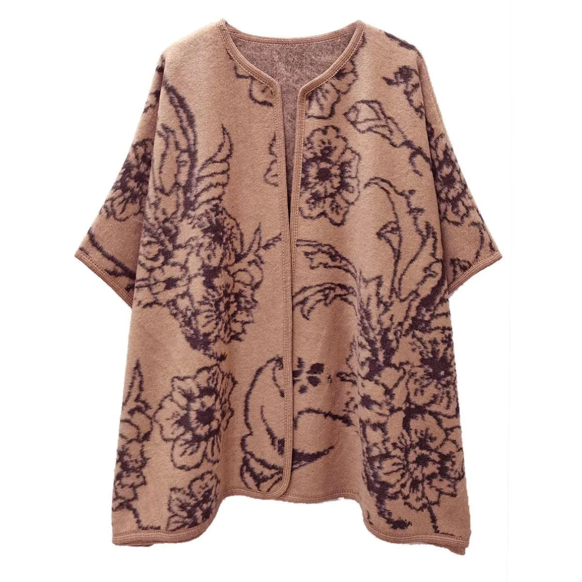 Must-Have Kimono Ruana: Stay Warm Stylish Acrylic Camel Flower Knit Jewelry Bubble