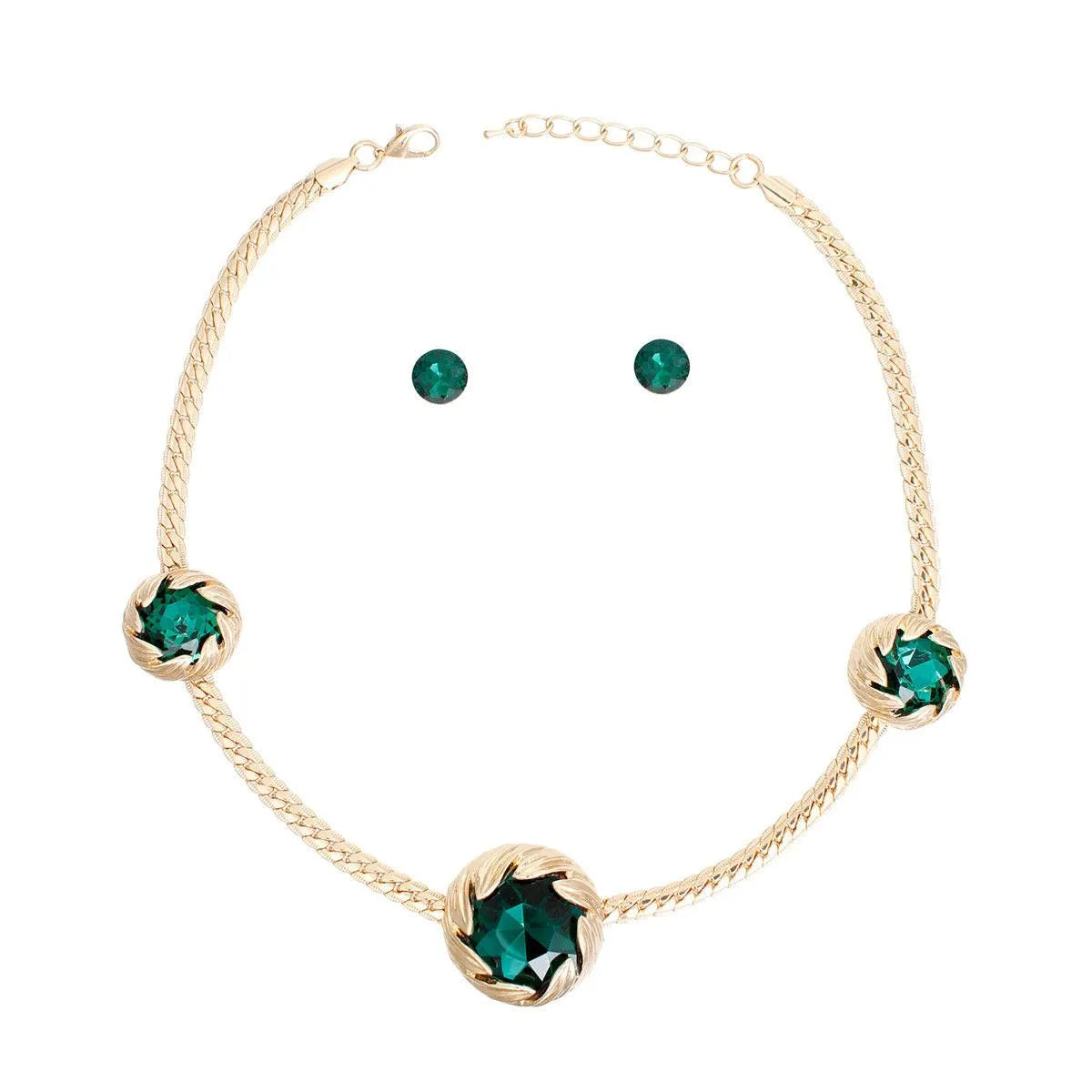 Necklace and Stud Earrings Set: Gold-Toned Triple Leaf Wrap Design with Green Crystal Jewelry Bubble