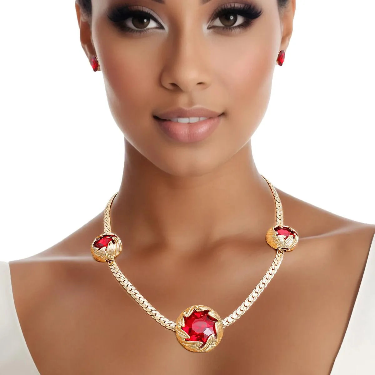 Necklace and Stud Earrings Set: Gold-Toned Triple Leaf Wrap Design with Red Crystal Jewelry Bubble