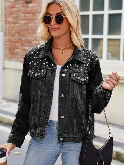 Pearl Detail Denim Jacket: Stylish Must-Have for Ladies! Jewelry Bubble