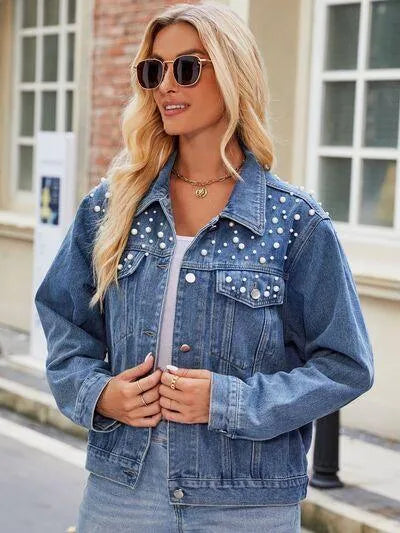 Pearl Detail Denim Jacket: Stylish Must-Have for Ladies! Jewelry Bubble