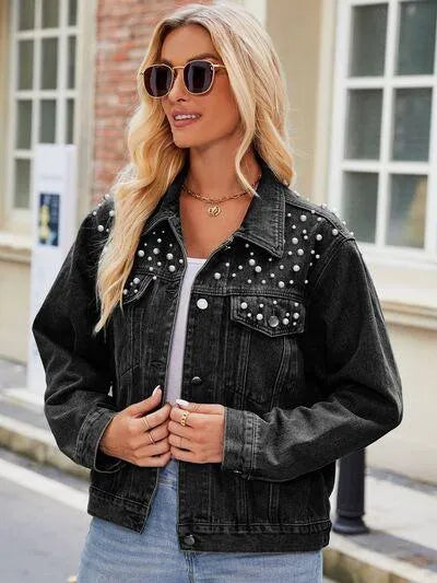 Pearl Detail Denim Jacket: Stylish Must-Have for Ladies! Jewelry Bubble