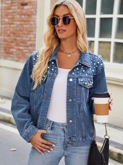 Pearl Detail Denim Jacket: Stylish Must-Have for Ladies! Jewelry Bubble