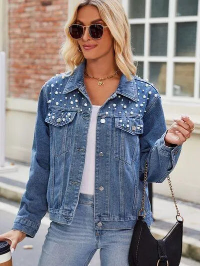 Pearl Detail Denim Jacket: Stylish Must-Have for Ladies! Jewelry Bubble