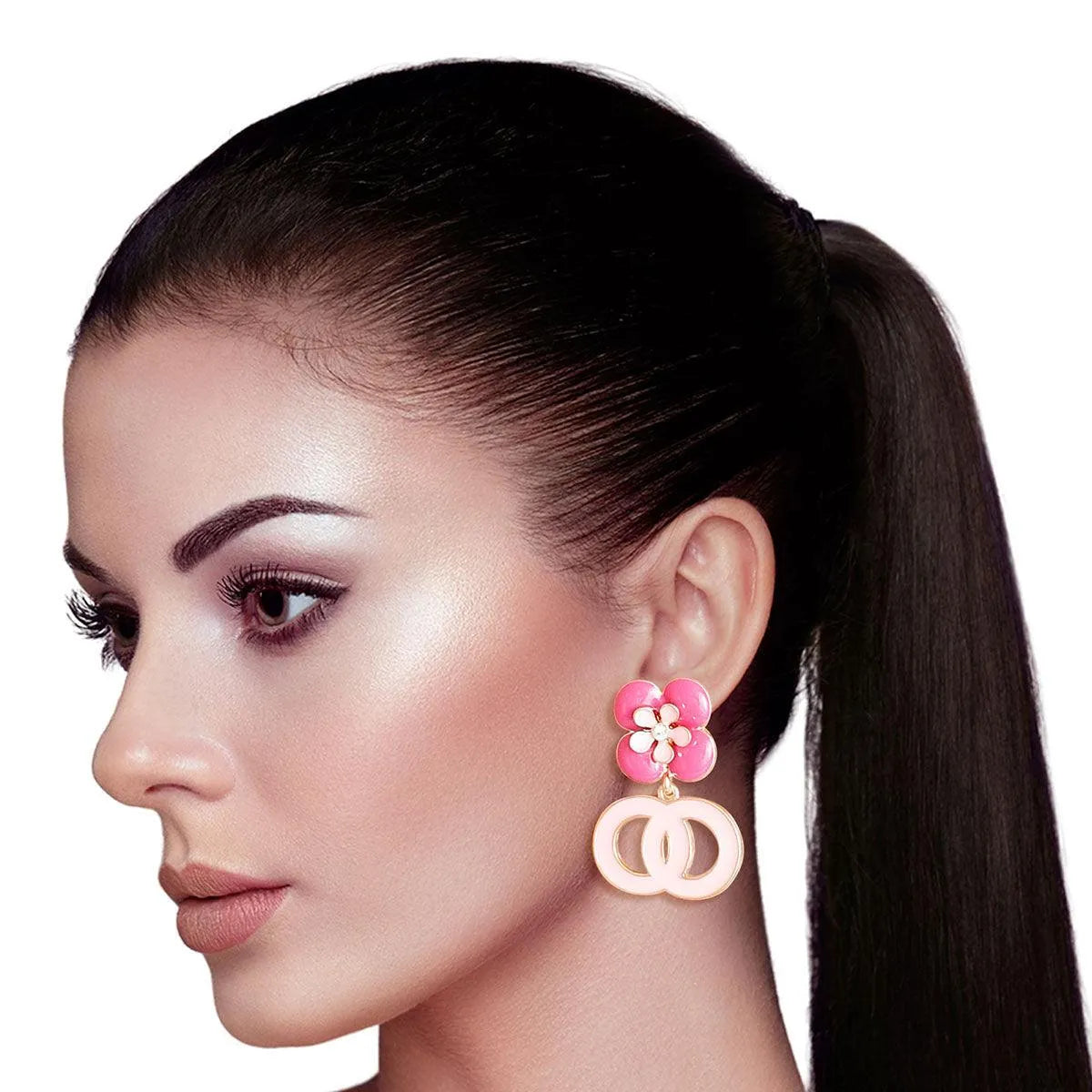 Pink Infinity Earrings with Flower Studs Sweet Statement Jewelry Bubble