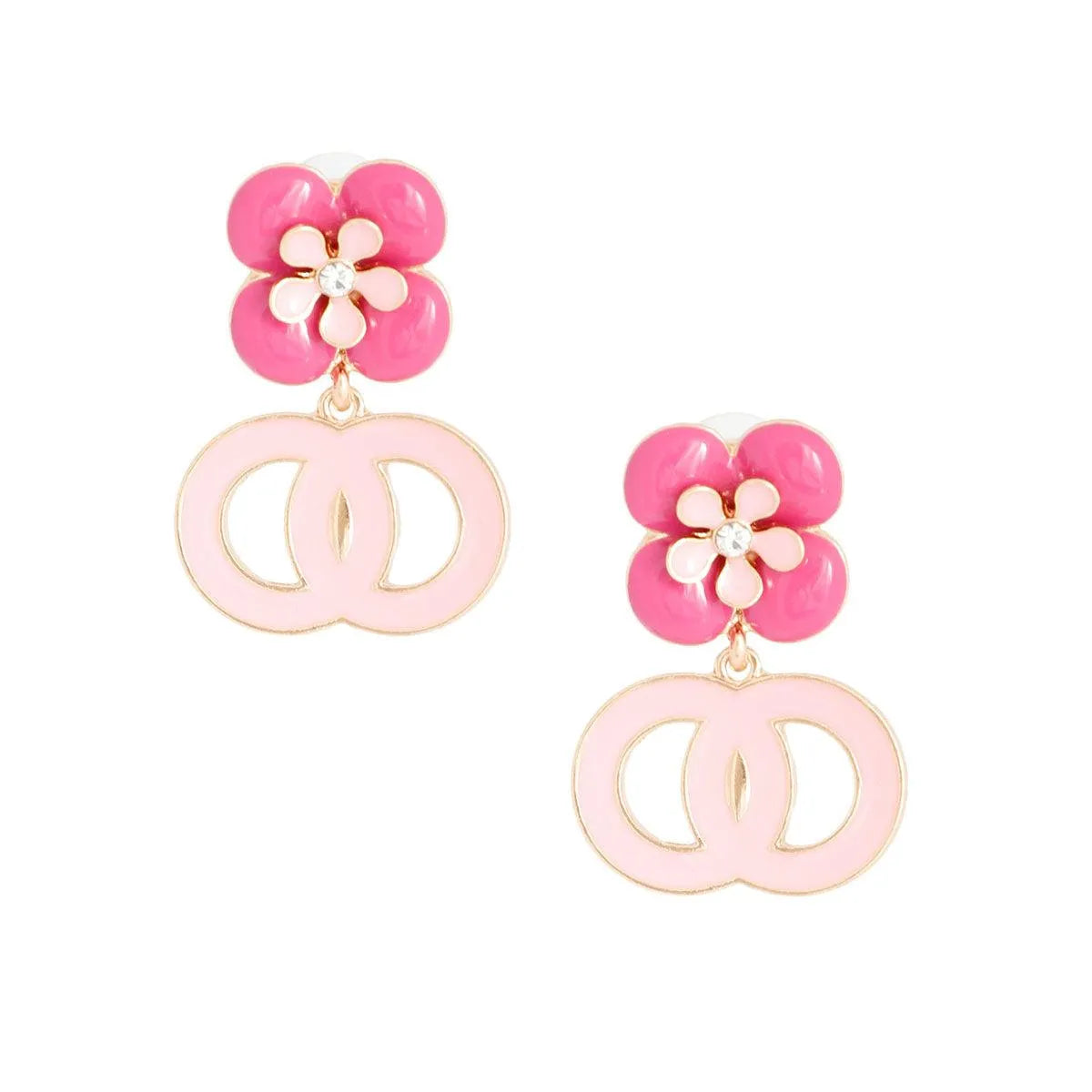 Pink Infinity Earrings with Flower Studs Sweet Statement Jewelry Bubble