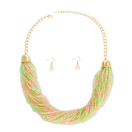 Pink and Green Blended Seed Beaded Gold Finish Necklace Jewelry Bubble