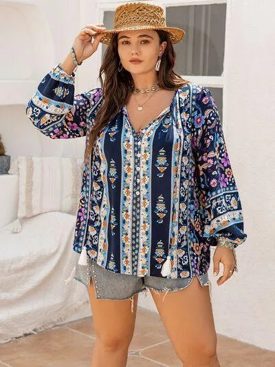 Plus Size Fashion: Tie Neck Tassel Blouse Jewelry Bubble