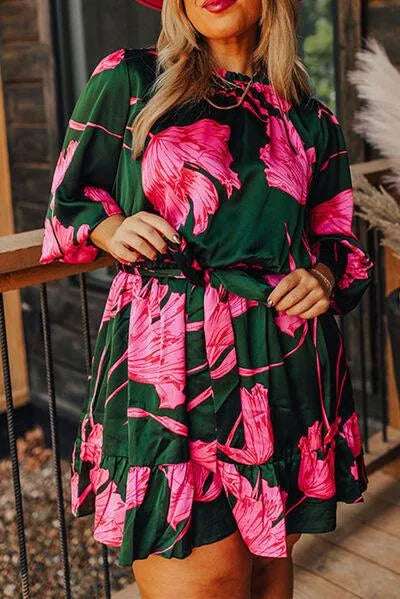 Plus Size Printed Lantern Sleeve Ruffle Hem Dress: Flatter Your Figure Jewelry Bubble