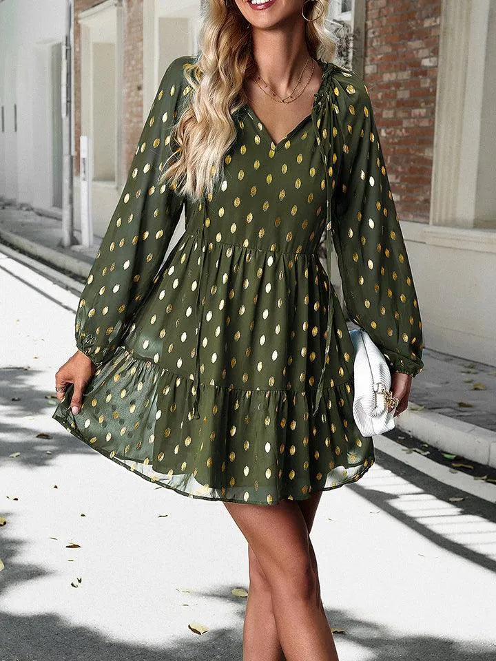 Polka Dot Tie Neck Long Sleeve Dress | Perfect for Any Occasion Jewelry Bubble