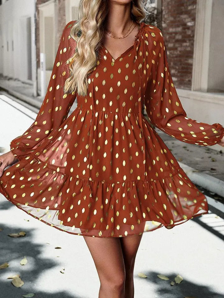 Polka Dot Tie Neck Long Sleeve Dress | Perfect for Any Occasion Jewelry Bubble