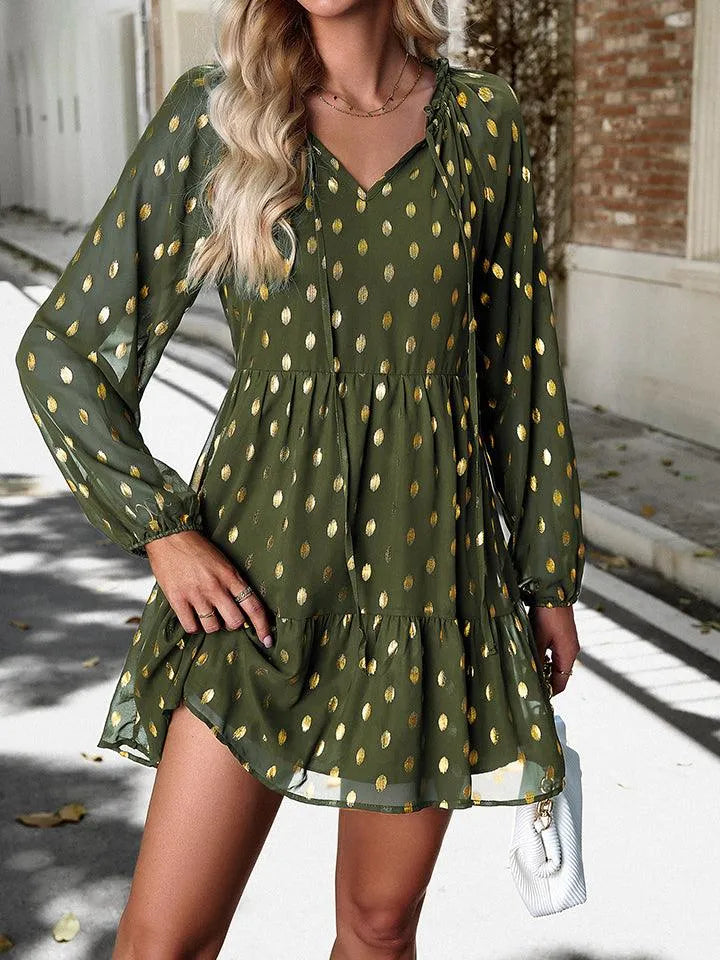 Polka Dot Tie Neck Long Sleeve Dress | Perfect for Any Occasion Jewelry Bubble