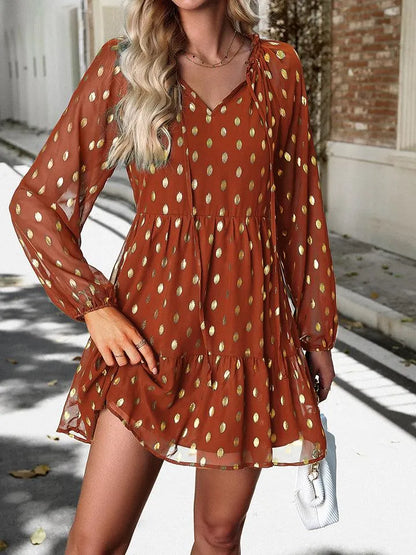 Polka Dot Tie Neck Long Sleeve Dress | Perfect for Any Occasion Jewelry Bubble