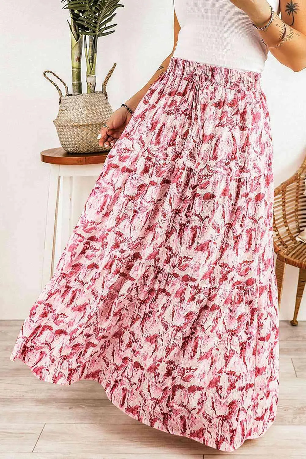 Printed Smocked Waist Maxi Skirt Jewelry Bubble