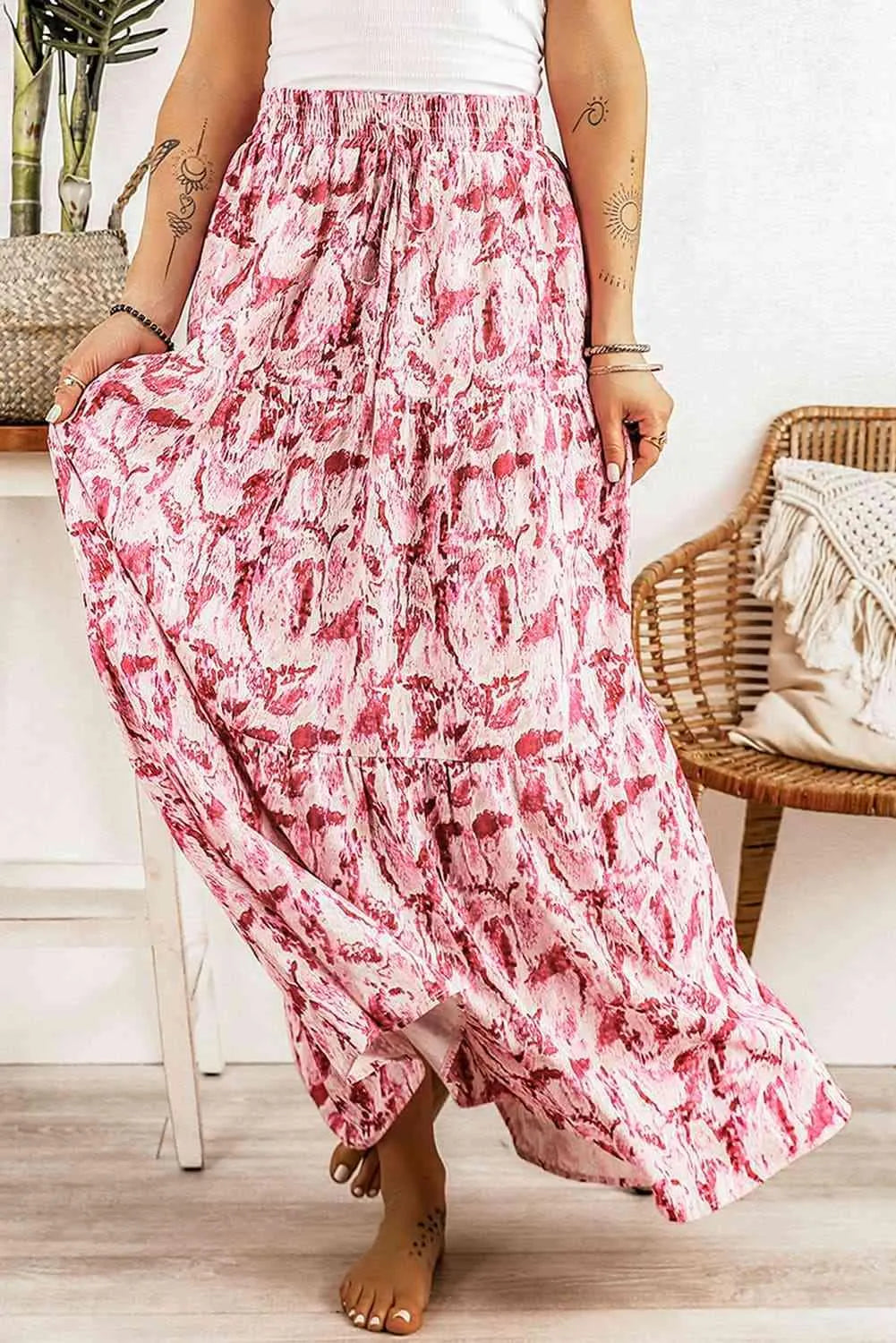 Printed Smocked Waist Maxi Skirt Jewelry Bubble