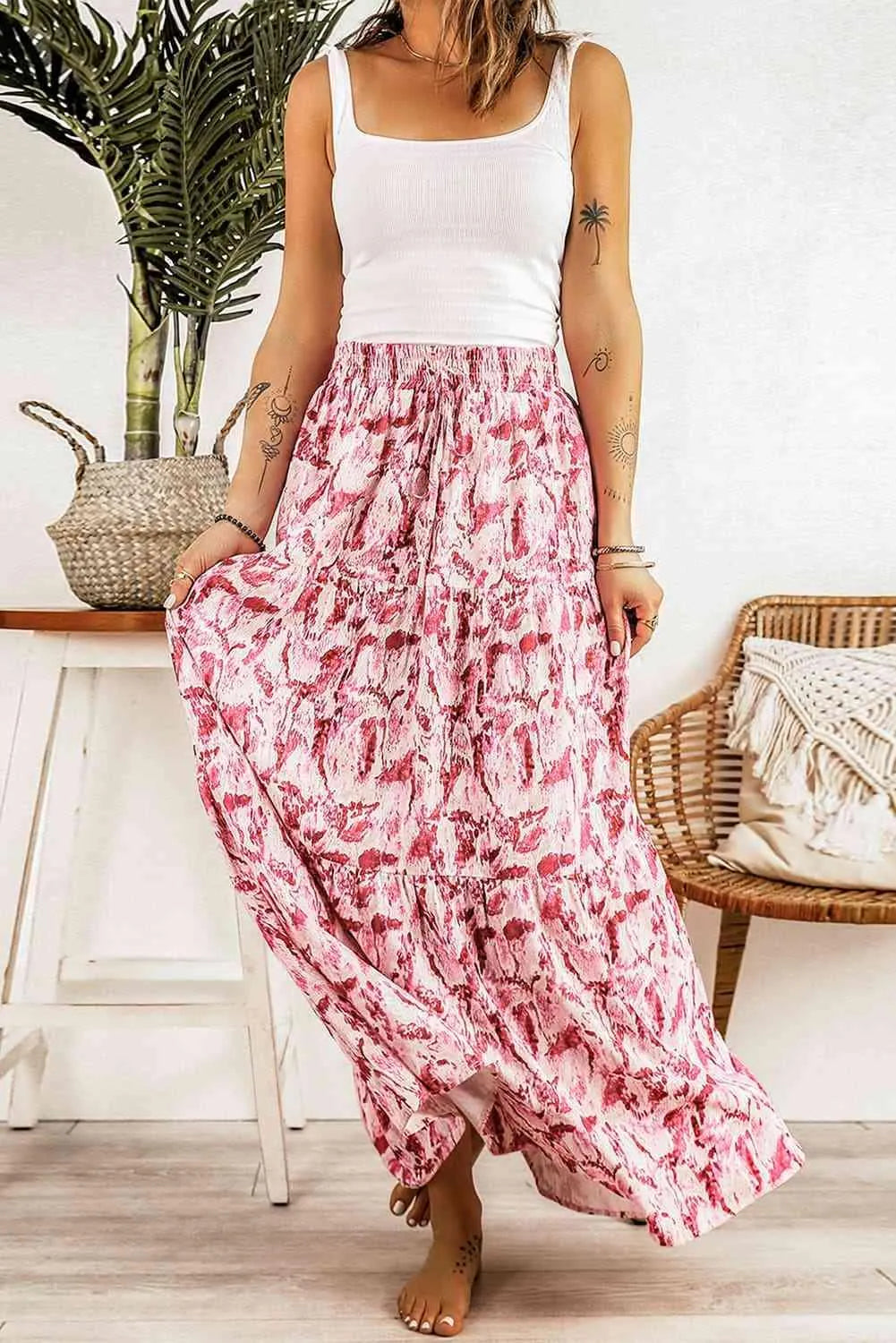 Printed Smocked Waist Maxi Skirt Jewelry Bubble