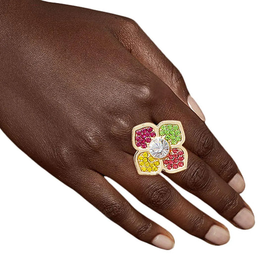 Radiant Petals: Women's Gold Flower Ring with Multicolor Rhinestones - Fashion Jewelry Pinktown