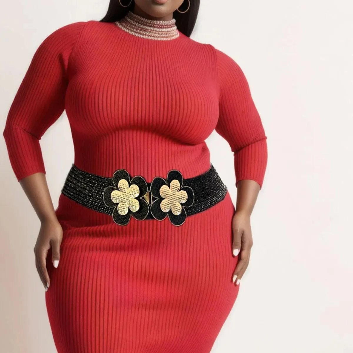 Raffia Belt with Gold Flower Buckle and Textured Detailing for Women