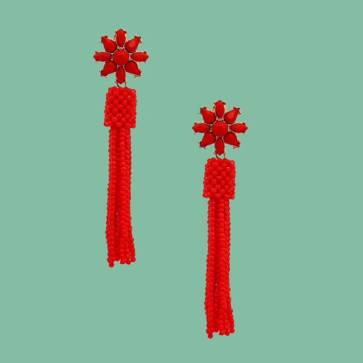 Red Stud Flower Dangle Tassel Earrings: Make a Bold Statement | Buy Now