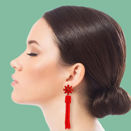 Red Stud Flower Dangle Tassel Earrings: Make a Bold Statement | Buy Now Jewelry Bubble