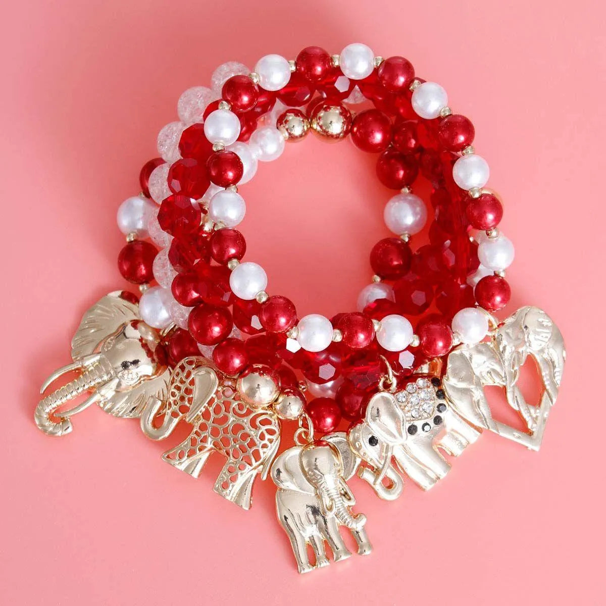 Red & White Elephant Charm Bracelet Set (5pcs) Jewelry Bubble