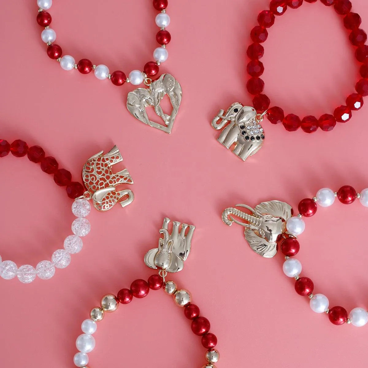 Red & White Elephant Charm Bracelet Set (5pcs) Jewelry Bubble