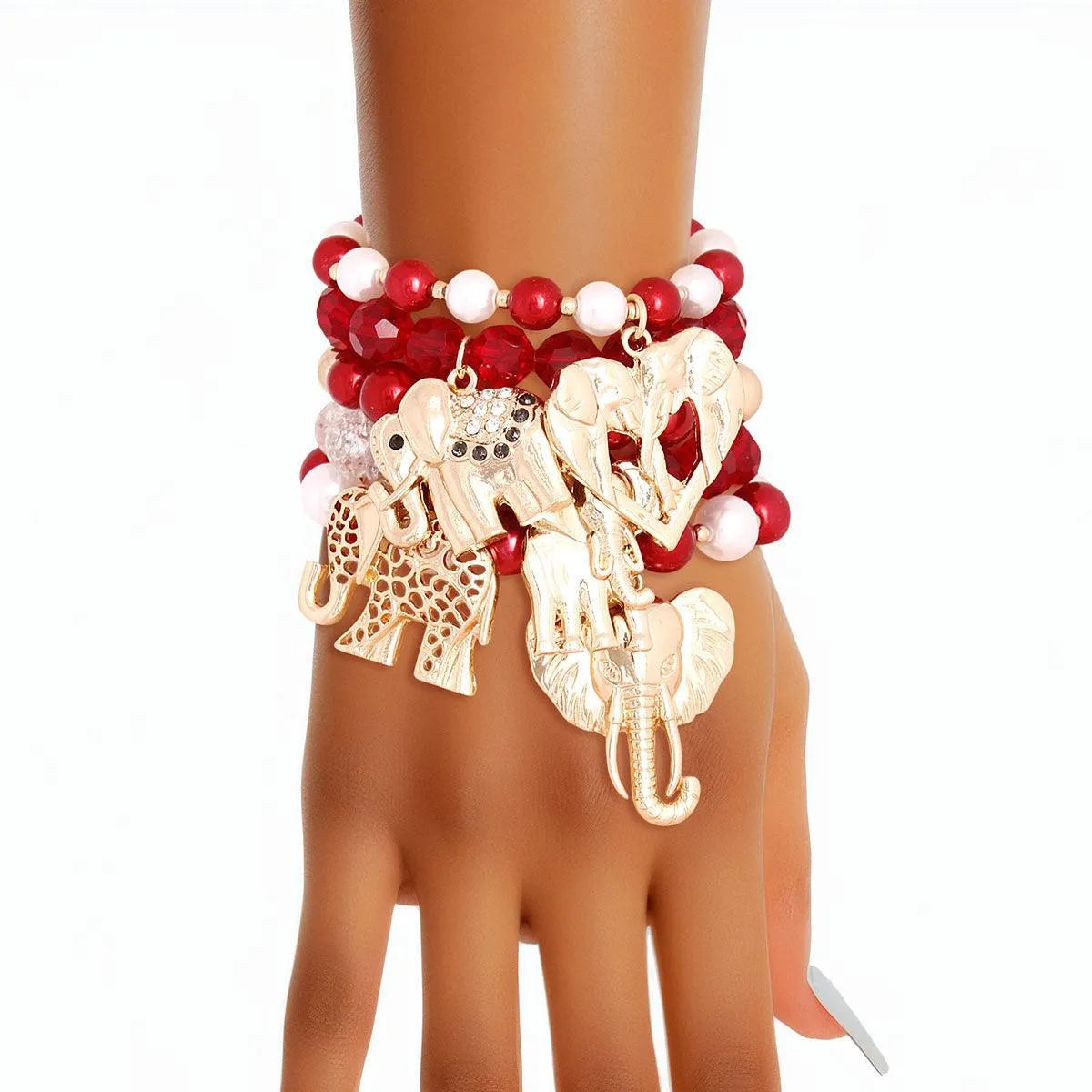 Red & White Elephant Charm Bracelet Set (5pcs) Jewelry Bubble