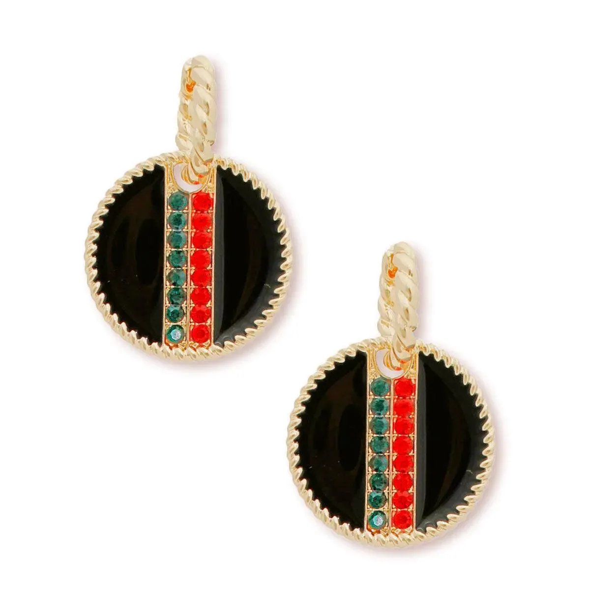 Rhinestone Embellished Fashion Earrings: Gold and Black Medallion
