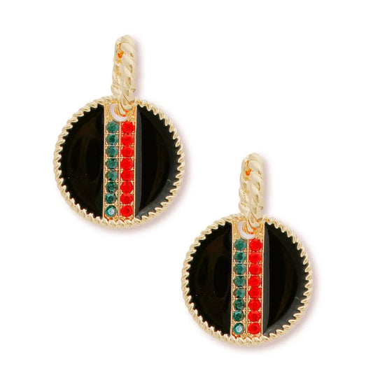 Rhinestone Embellished Fashion Earrings: Gold and Black Medallion Jewelry Bubble